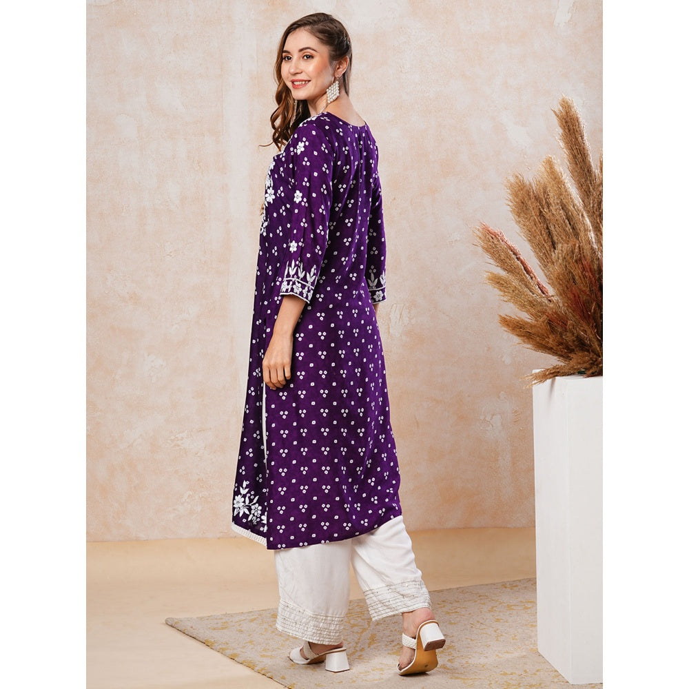 FASHOR Deep Purple Printed and Chikankari Embroidered Kurta