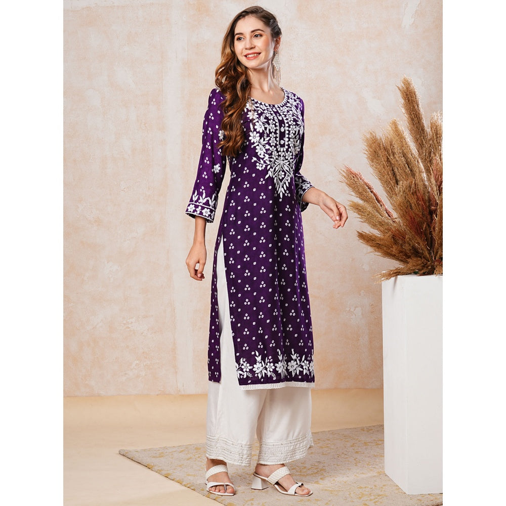 FASHOR Deep Purple Printed and Chikankari Embroidered Kurta