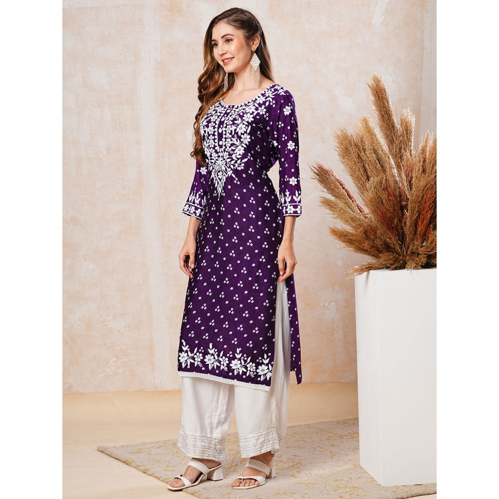 FASHOR Deep Purple Printed and Chikankari Embroidered Kurta