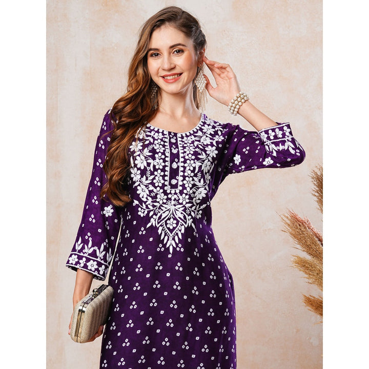 FASHOR Deep Purple Printed and Chikankari Embroidered Kurta