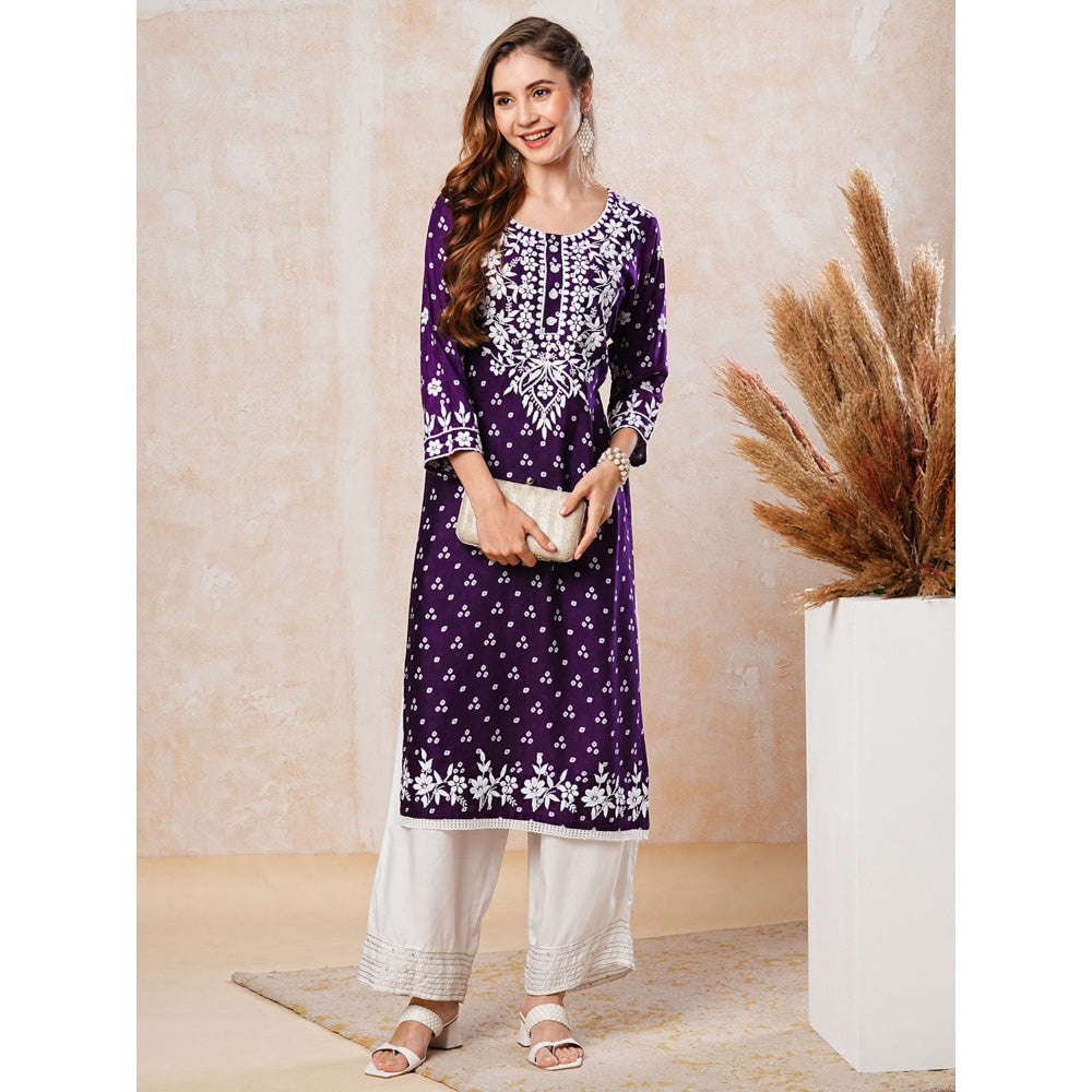 FASHOR Deep Purple Printed and Chikankari Embroidered Kurta