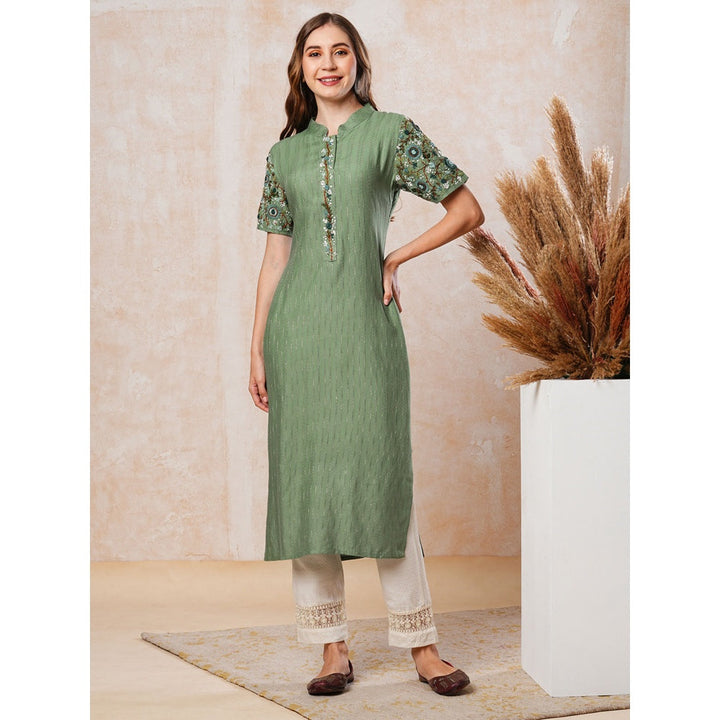 FASHOR Green Dobby Striped and Sequins Embroidered Kurta