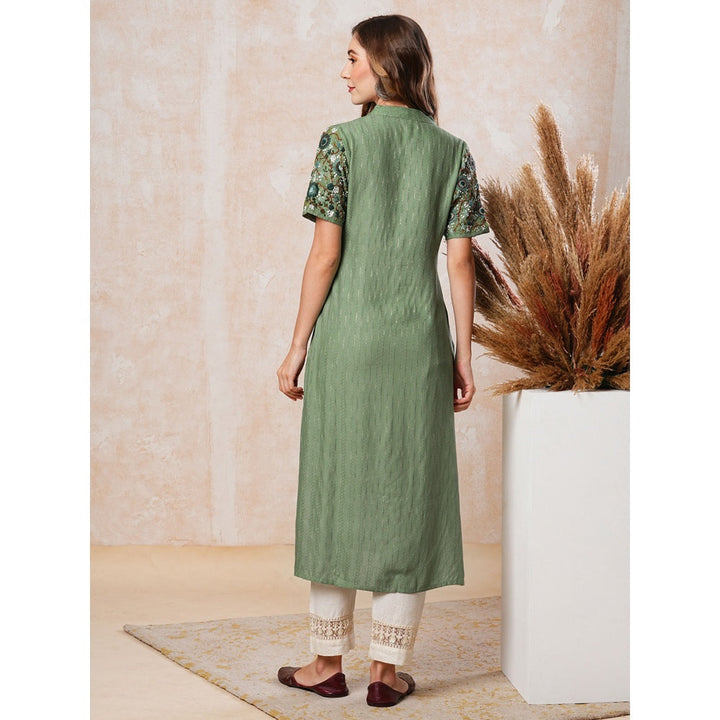 FASHOR Green Dobby Striped and Sequins Embroidered Kurta