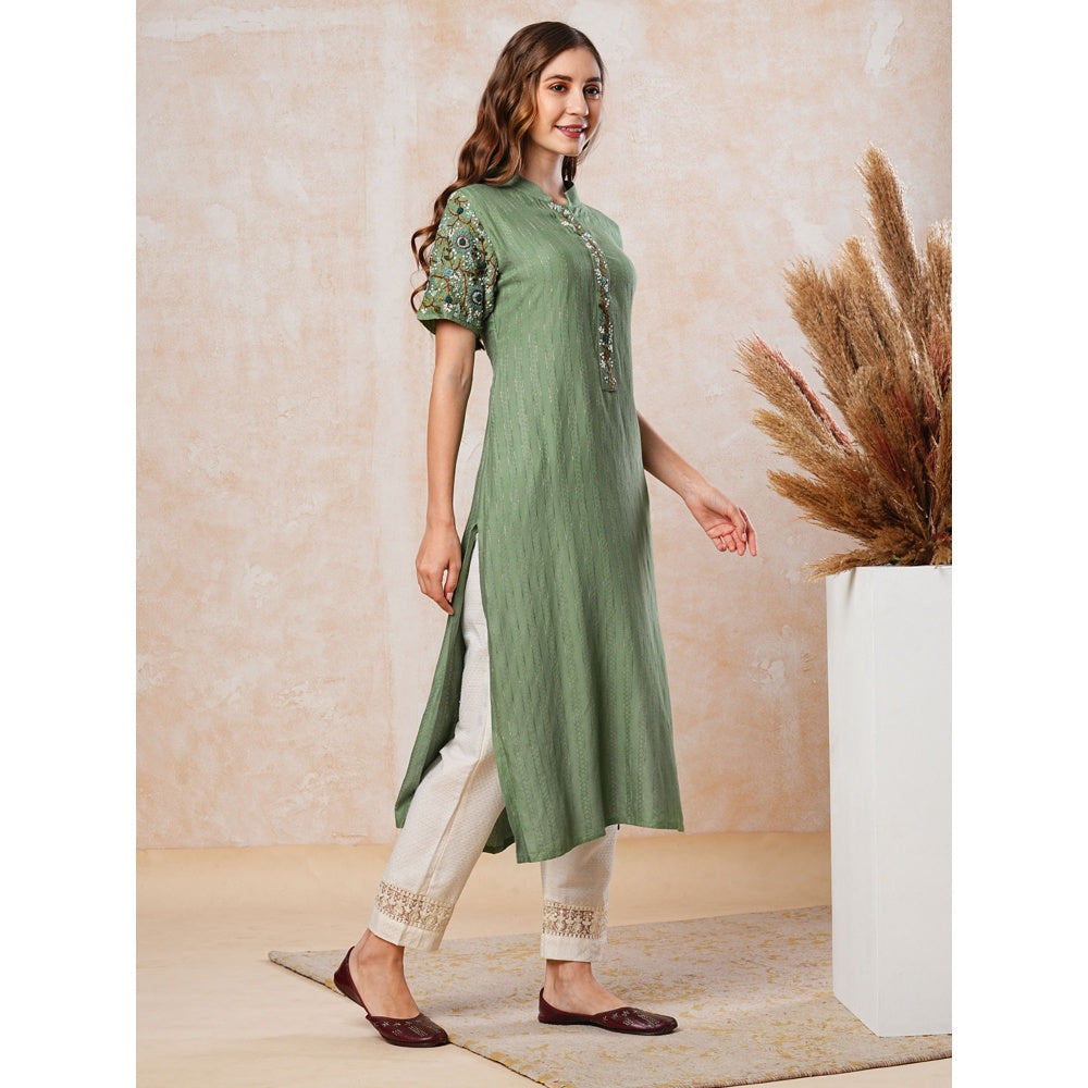 FASHOR Green Dobby Striped and Sequins Embroidered Kurta