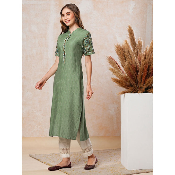 FASHOR Green Dobby Striped and Sequins Embroidered Kurta