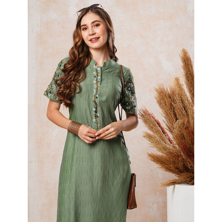 FASHOR Green Dobby Striped and Sequins Embroidered Kurta