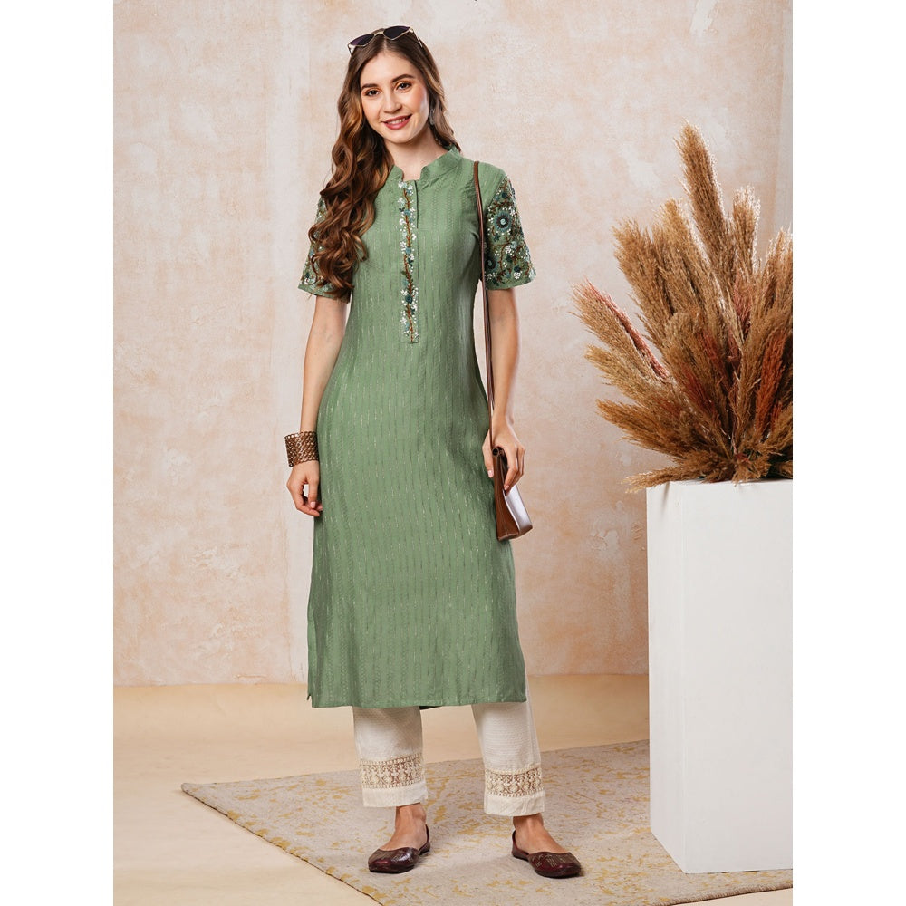 FASHOR Green Dobby Striped and Sequins Embroidered Kurta