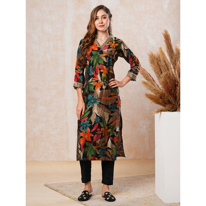 FASHOR Black Floral Printed Zari and Sequins Embroidered Kurta