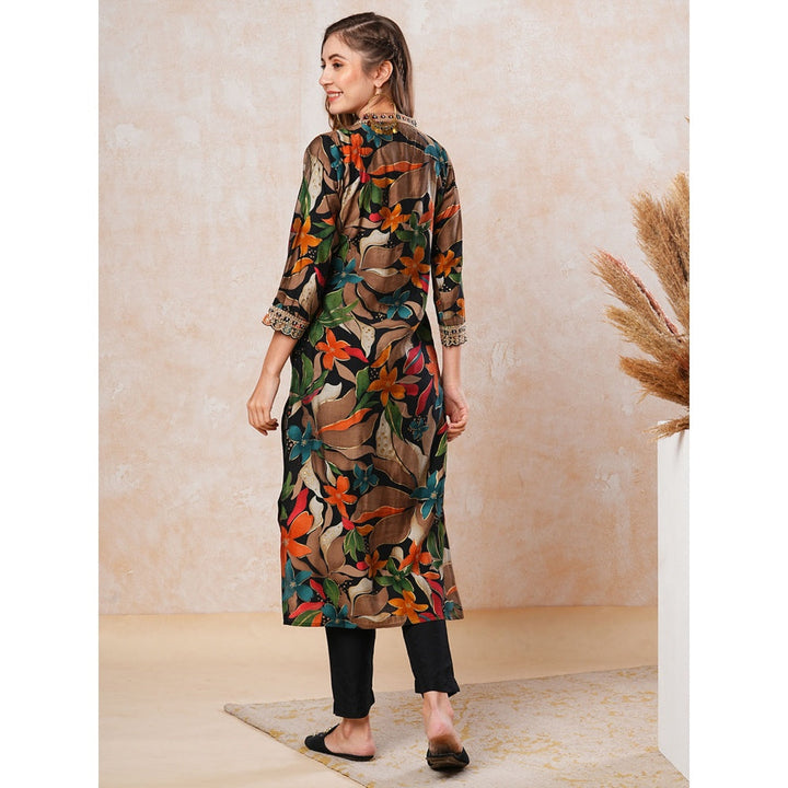 FASHOR Black Floral Printed Zari and Sequins Embroidered Kurta