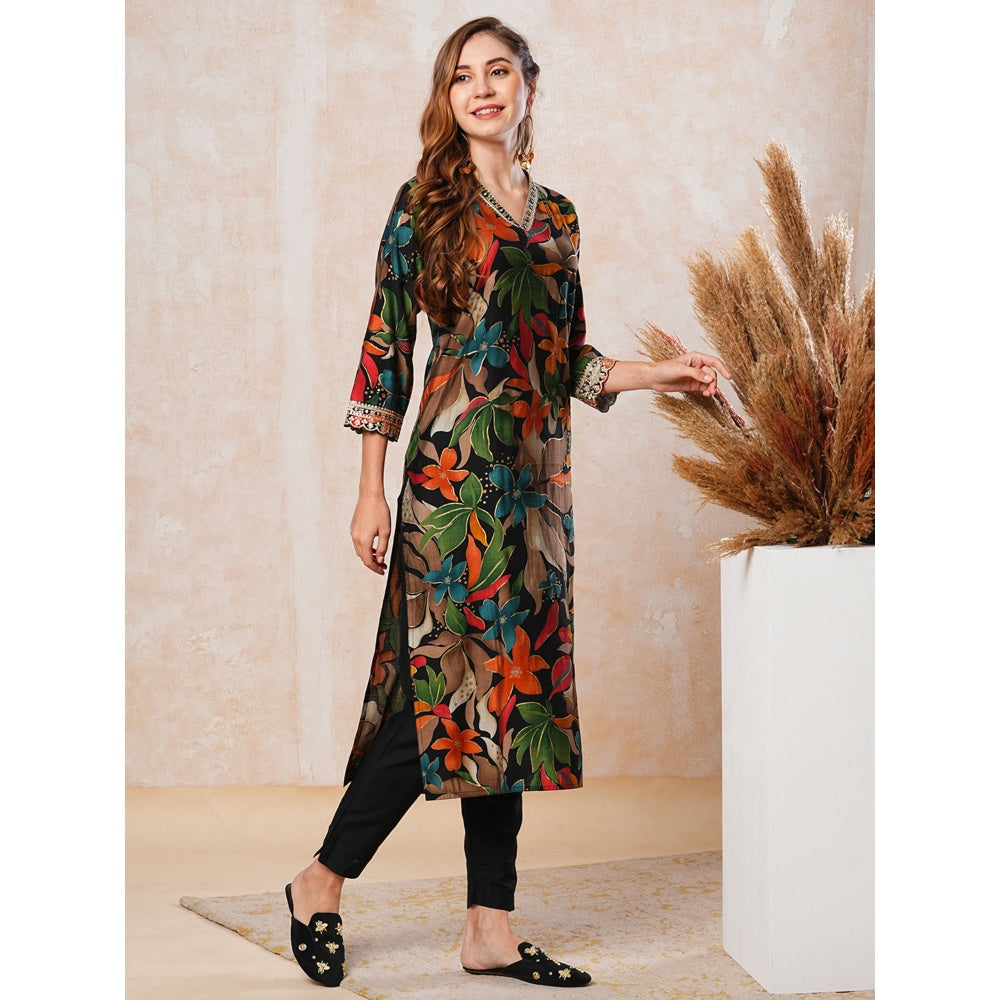 FASHOR Black Floral Printed Zari and Sequins Embroidered Kurta