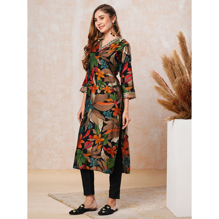 FASHOR Black Floral Printed Zari and Sequins Embroidered Kurta