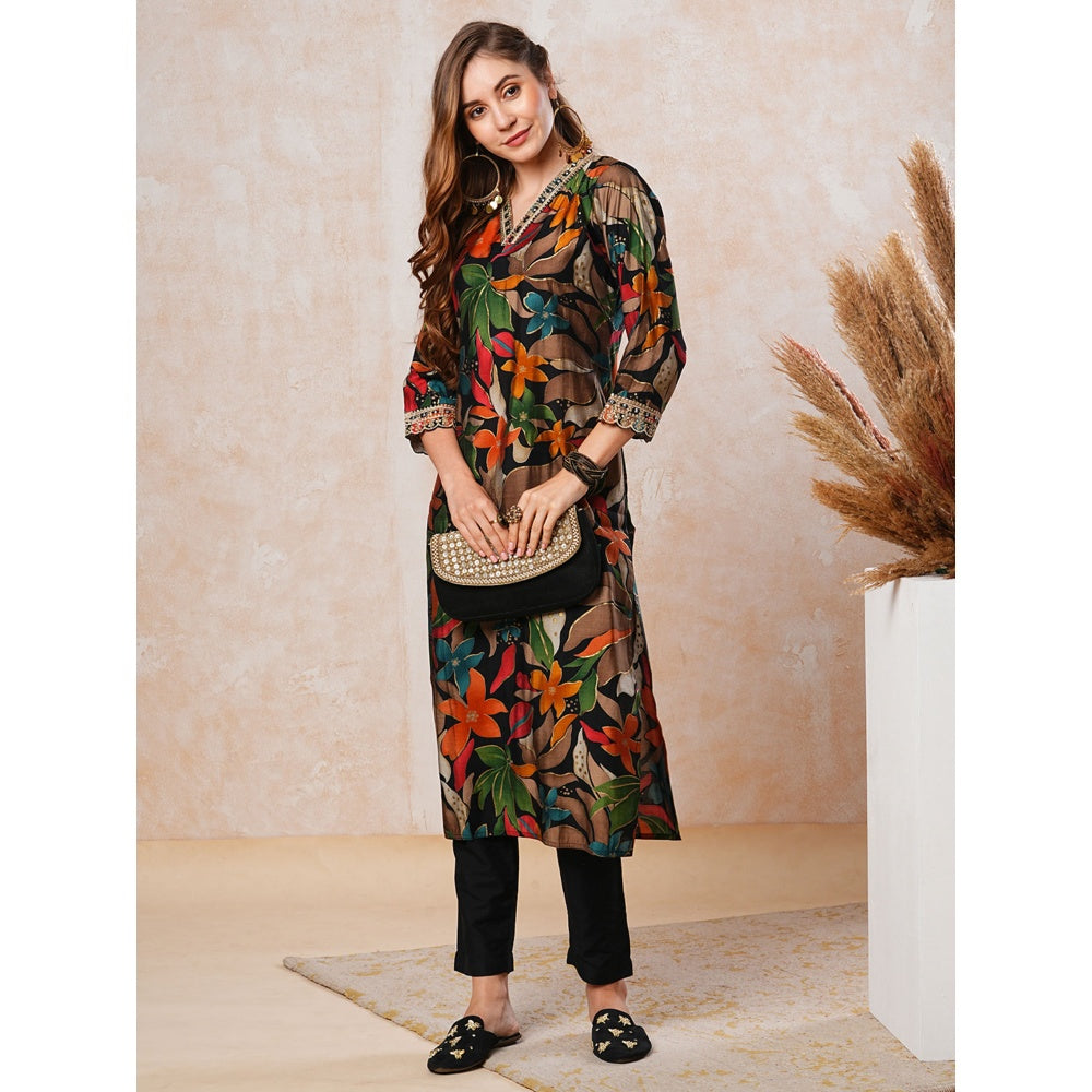 FASHOR Black Floral Printed Zari and Sequins Embroidered Kurta