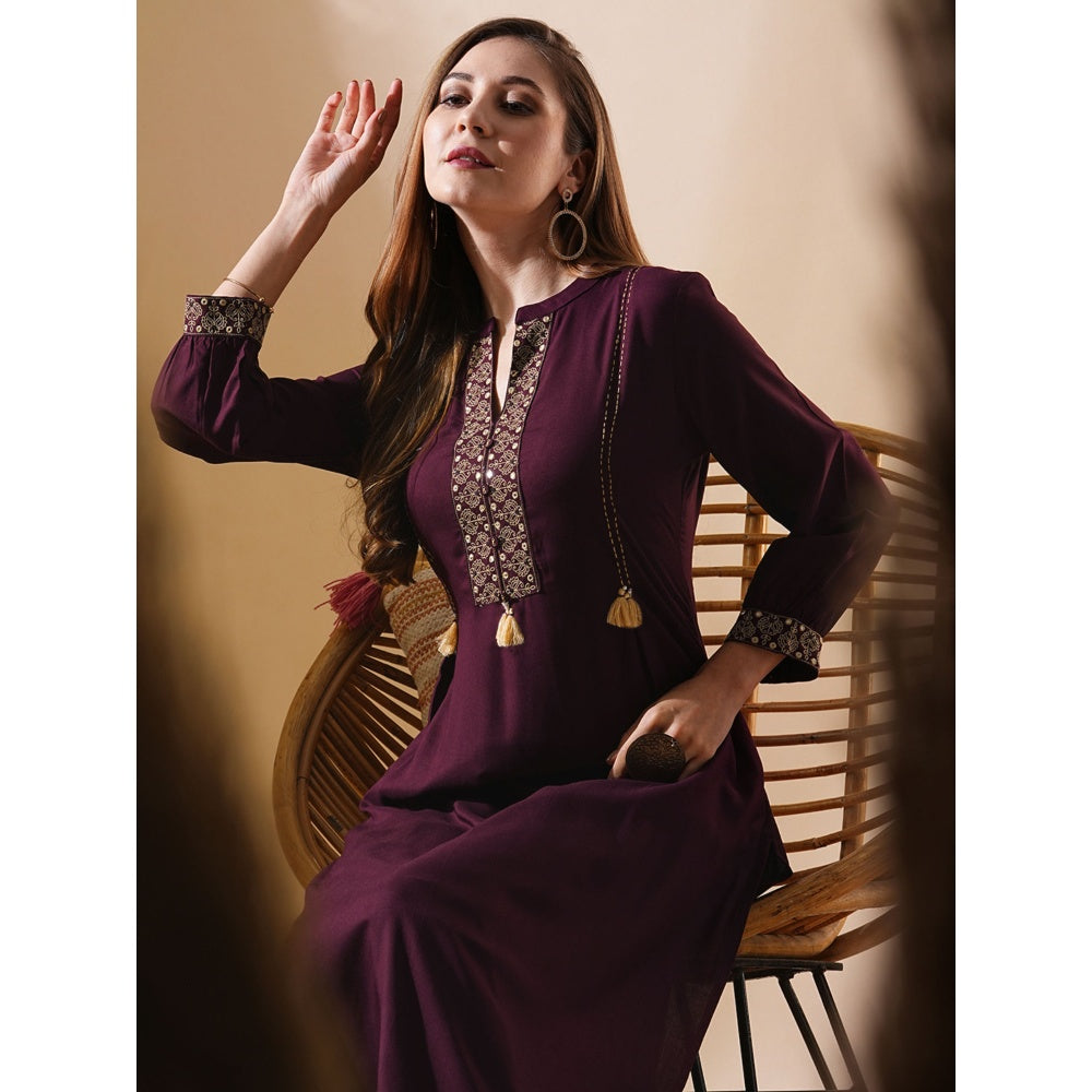 FASHOR Burgundy Ethnic Mirror Work Embroidered Kurta