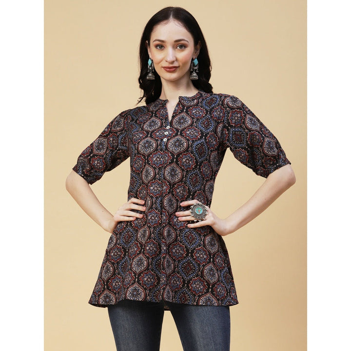 FASHOR Black Ethnic Ajarakh Block Printed Mother-Of-Pearl Kurti