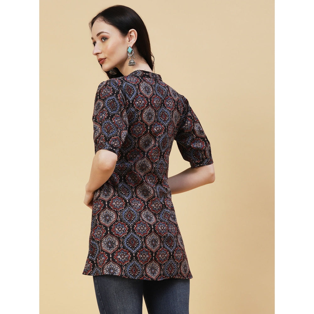 FASHOR Black Ethnic Ajarakh Block Printed Mother-Of-Pearl Kurti