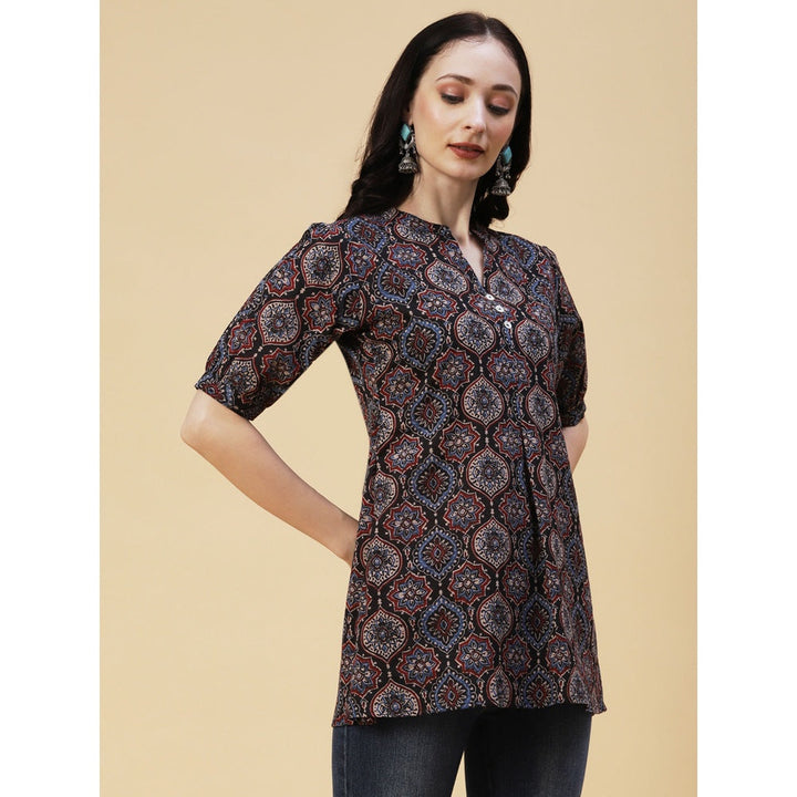 FASHOR Black Ethnic Ajarakh Block Printed Mother-Of-Pearl Kurti