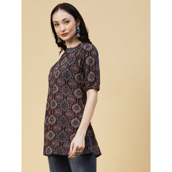 FASHOR Black Ethnic Ajarakh Block Printed Mother-Of-Pearl Kurti