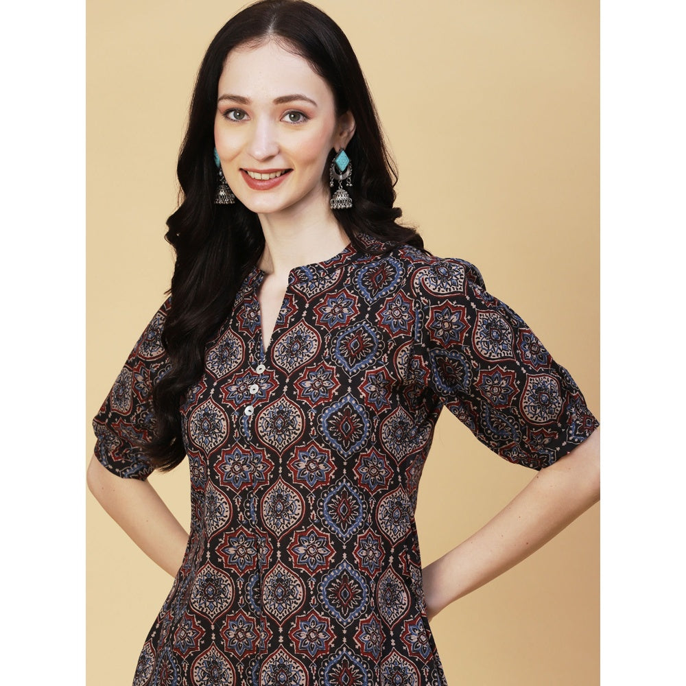 FASHOR Black Ethnic Ajarakh Block Printed Mother-Of-Pearl Kurti