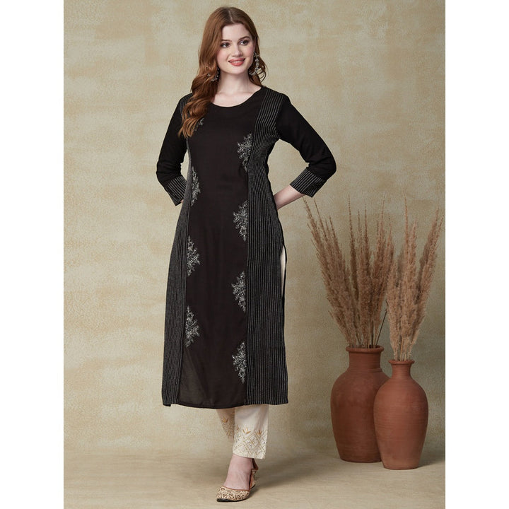 FASHOR Black Sequin and Zari Embroidered Kurta