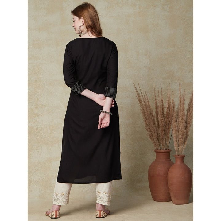 FASHOR Black Sequin and Zari Embroidered Kurta