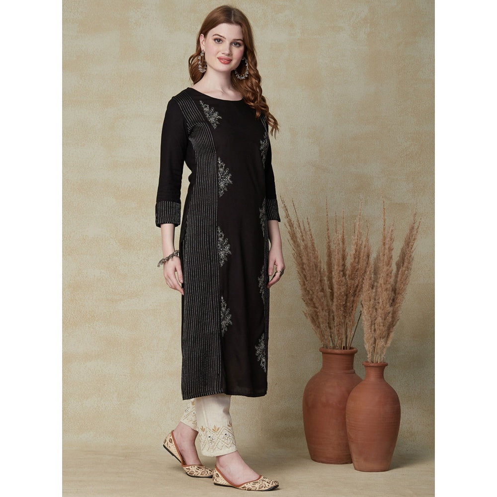 FASHOR Black Sequin and Zari Embroidered Kurta