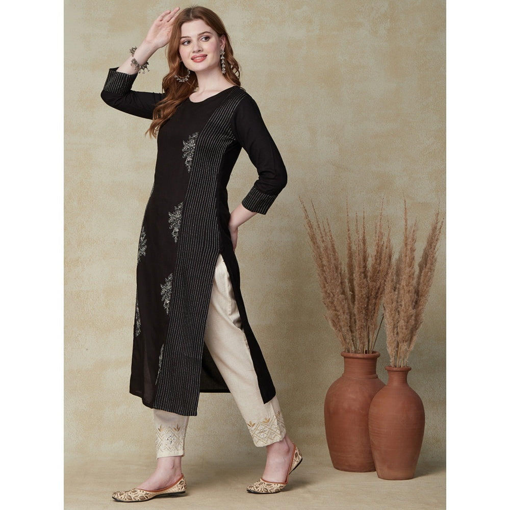 FASHOR Black Sequin and Zari Embroidered Kurta