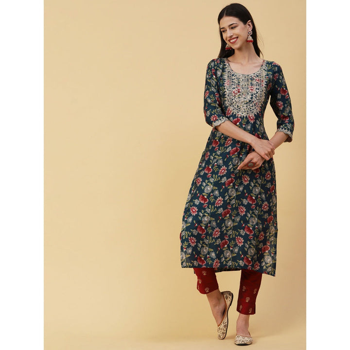 FASHOR Teal Floral Printed Mirror Zari and Sequins Embroidered Kurta