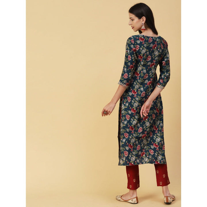 FASHOR Teal Floral Printed Mirror Zari and Sequins Embroidered Kurta