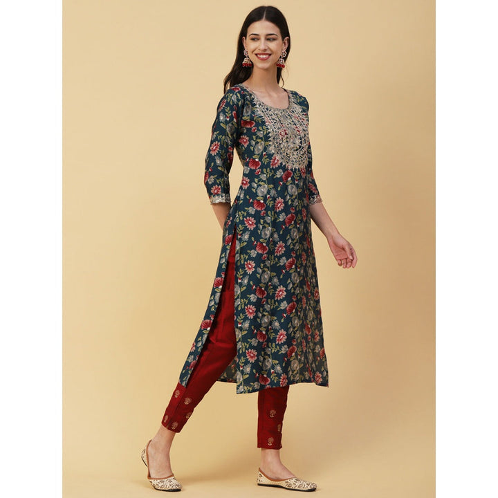 FASHOR Teal Floral Printed Mirror Zari and Sequins Embroidered Kurta