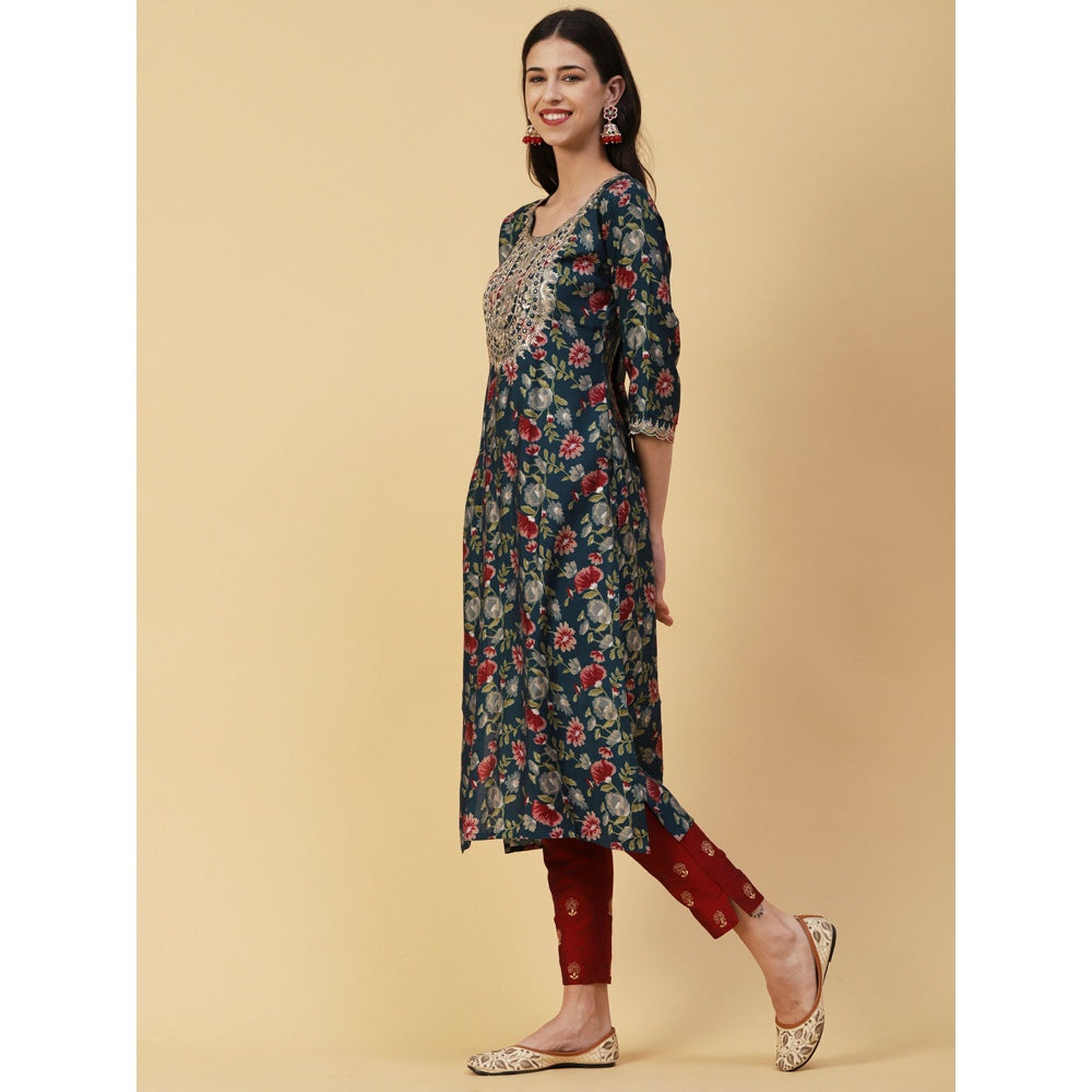 FASHOR Teal Floral Printed Mirror Zari and Sequins Embroidered Kurta