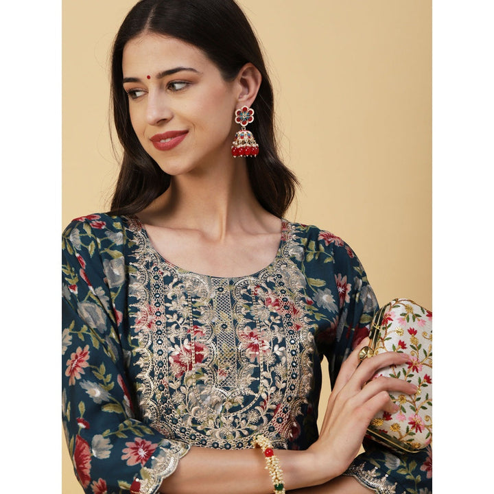 FASHOR Teal Floral Printed Mirror Zari and Sequins Embroidered Kurta