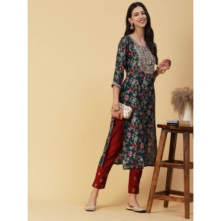 FASHOR Teal Floral Printed Mirror Zari and Sequins Embroidered Kurta