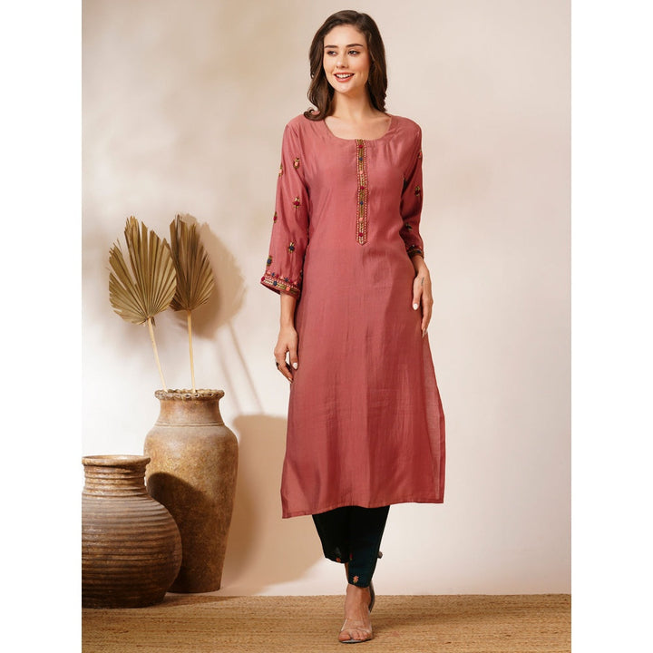 FASHOR Pink Floral Hand Embroidered Straight Fit Kurta