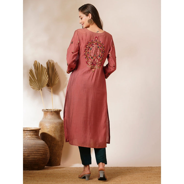 FASHOR Pink Floral Hand Embroidered Straight Fit Kurta