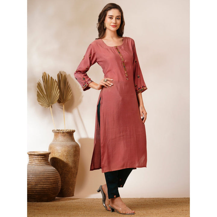 FASHOR Pink Floral Hand Embroidered Straight Fit Kurta