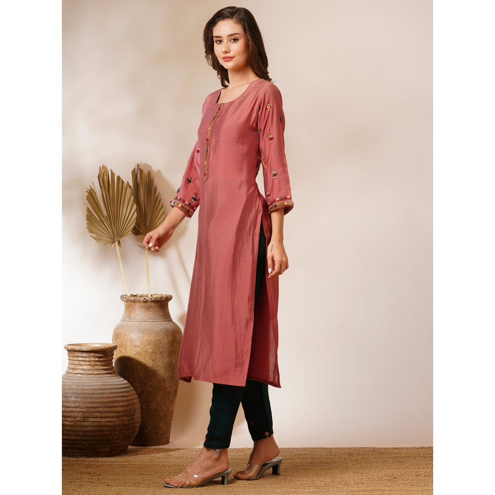 FASHOR Pink Floral Hand Embroidered Straight Fit Kurta