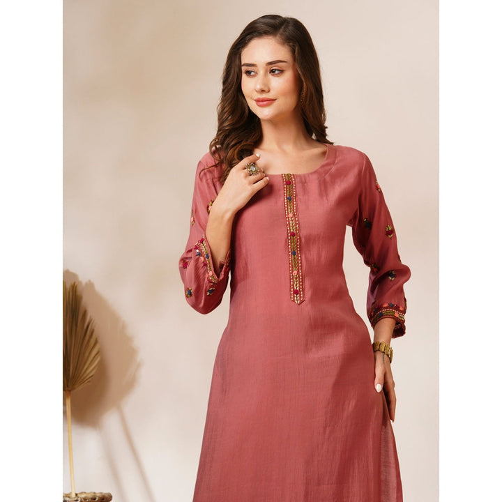 FASHOR Pink Floral Hand Embroidered Straight Fit Kurta