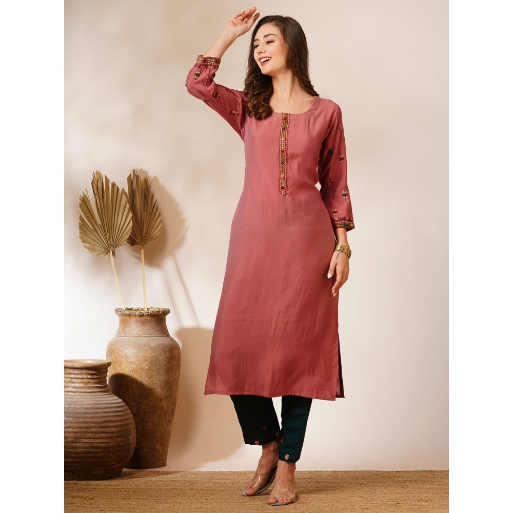 FASHOR Pink Floral Hand Embroidered Straight Fit Kurta