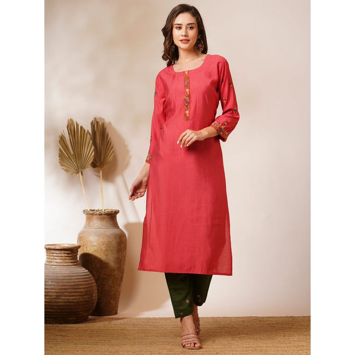 FASHOR Coral Floral Hand Embroidered Straight Fit Kurta