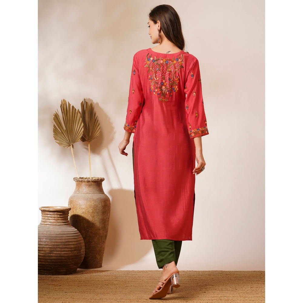 FASHOR Coral Floral Hand Embroidered Straight Fit Kurta