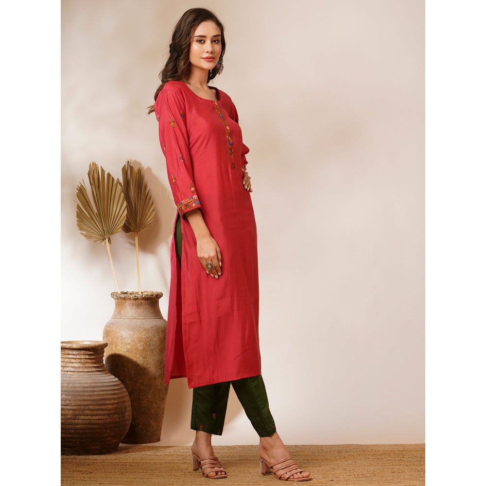 FASHOR Coral Floral Hand Embroidered Straight Fit Kurta