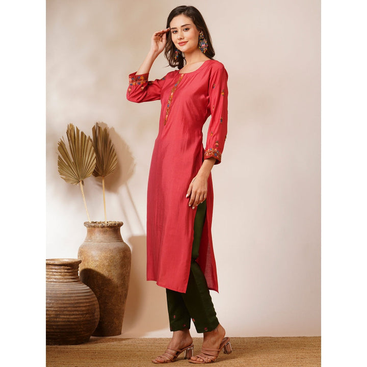 FASHOR Coral Floral Hand Embroidered Straight Fit Kurta