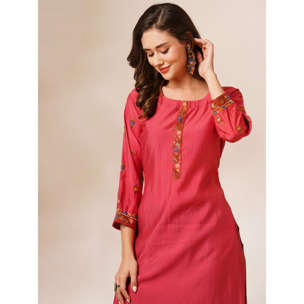 FASHOR Coral Floral Hand Embroidered Straight Fit Kurta