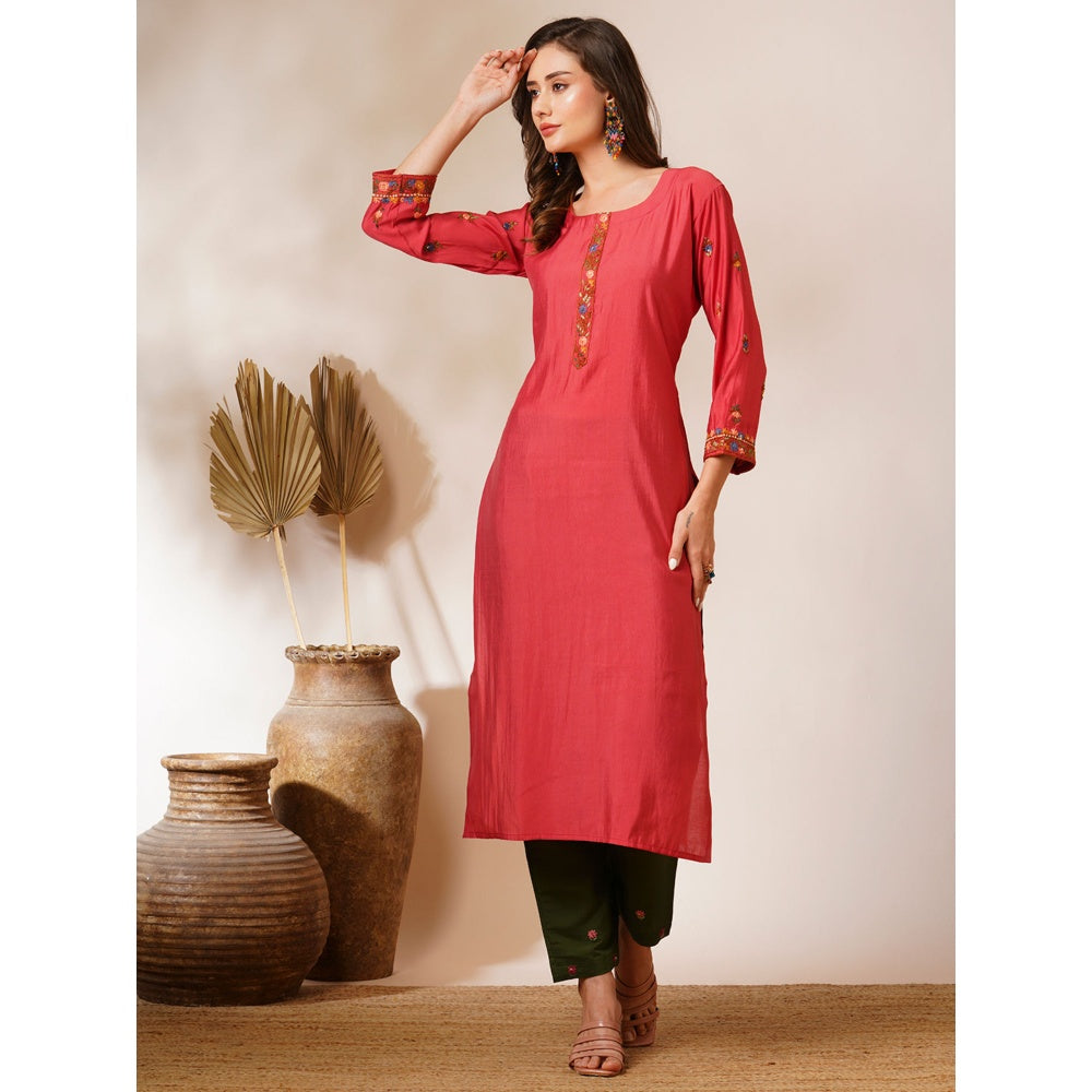 FASHOR Coral Floral Hand Embroidered Straight Fit Kurta