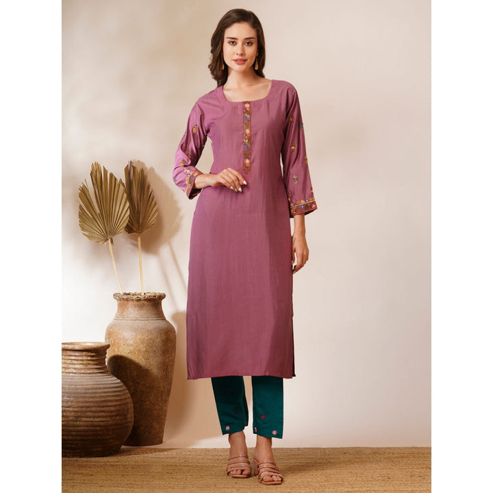 FASHOR Mauve Floral Hand Embroidered Straight Fit Kurta