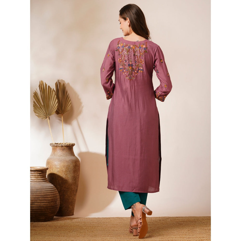 FASHOR Mauve Floral Hand Embroidered Straight Fit Kurta