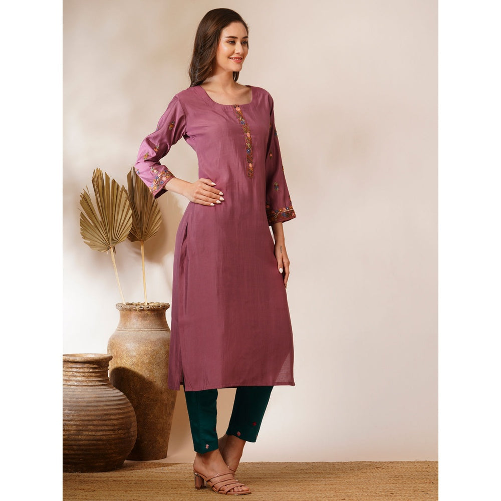 FASHOR Mauve Floral Hand Embroidered Straight Fit Kurta