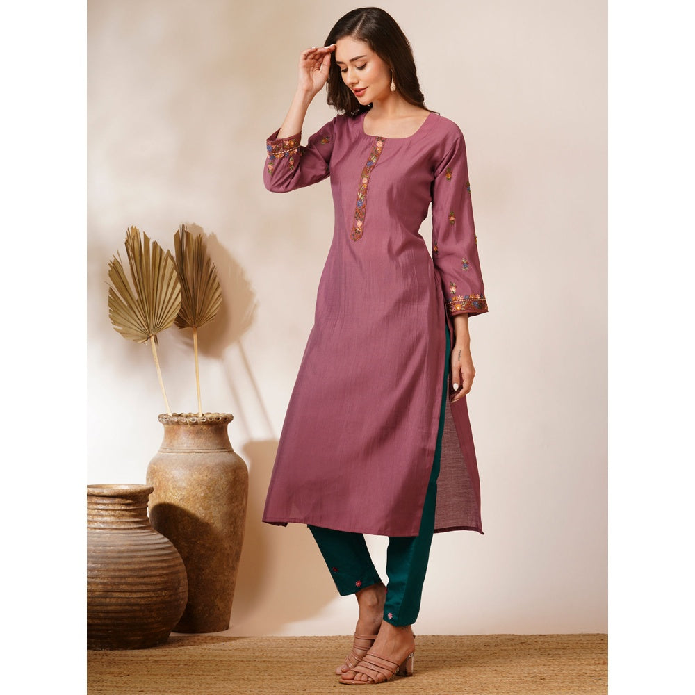 FASHOR Mauve Floral Hand Embroidered Straight Fit Kurta