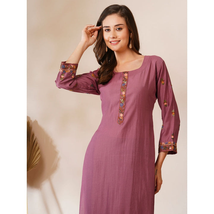 FASHOR Mauve Floral Hand Embroidered Straight Fit Kurta