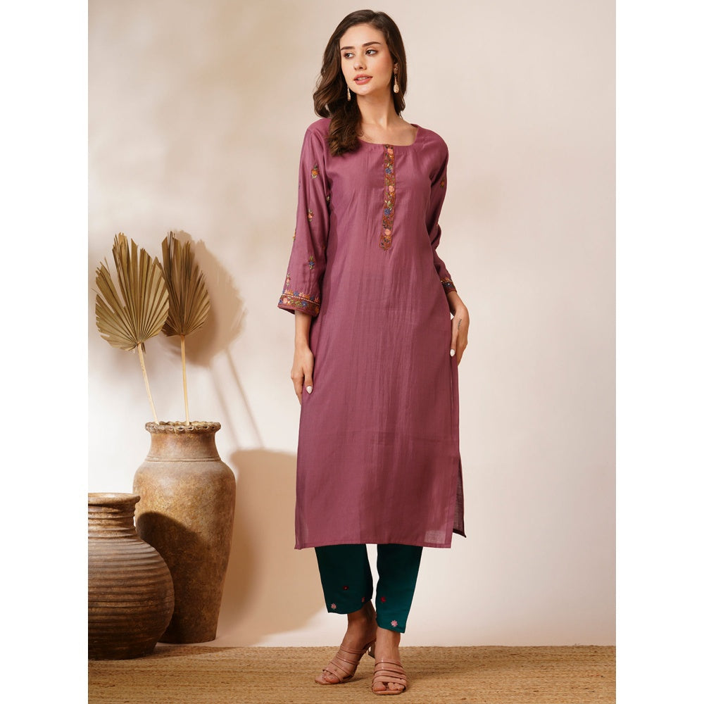 FASHOR Mauve Floral Hand Embroidered Straight Fit Kurta